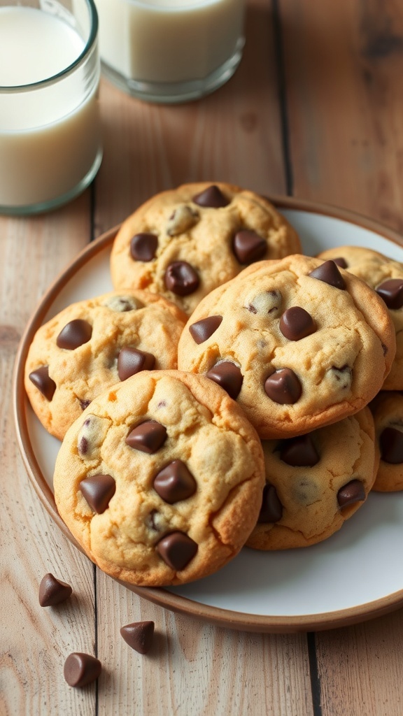A plate of golden brown chocolate chip cookies with melted chocolate chips, accompanied by a glass of milk.